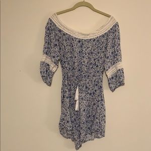 White and Blue floral Romper Off the Shoulder